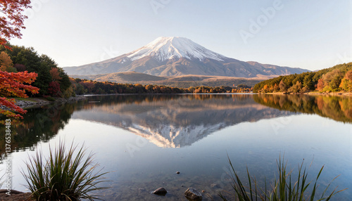 Mount Fuji reflecting in tranquil lake surrounded by autumn foliage