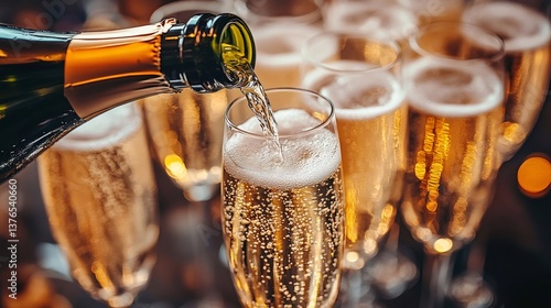 Pouring sparkling wine into champagne flutes for festive celebration