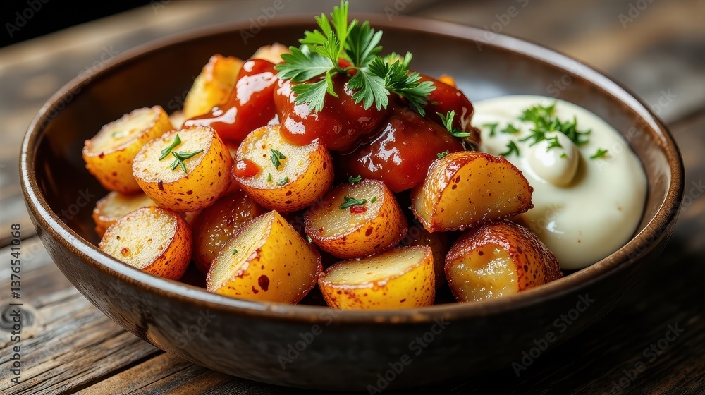 a generous serving of Patatas Bravas, served in a rustic, deep ceramic bowl with a matte, earthy finish. a generous serving of Patatas Bravas, served in a rustic, deep ceramic bowl with a matte, earthy finish.