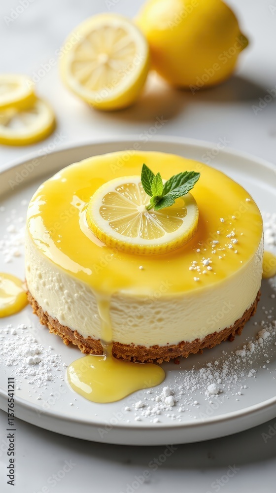 a lemon curd cheesecake, presented on a sleek white porcelain plate. a lemon curd cheesecake, presented on a sleek white porcelain plate.