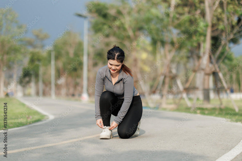 Fototapeta premium A young woman pauses during her run to tighten her shoelaces. A gentle breeze and birdsong refresh her before she stretches and continues running.