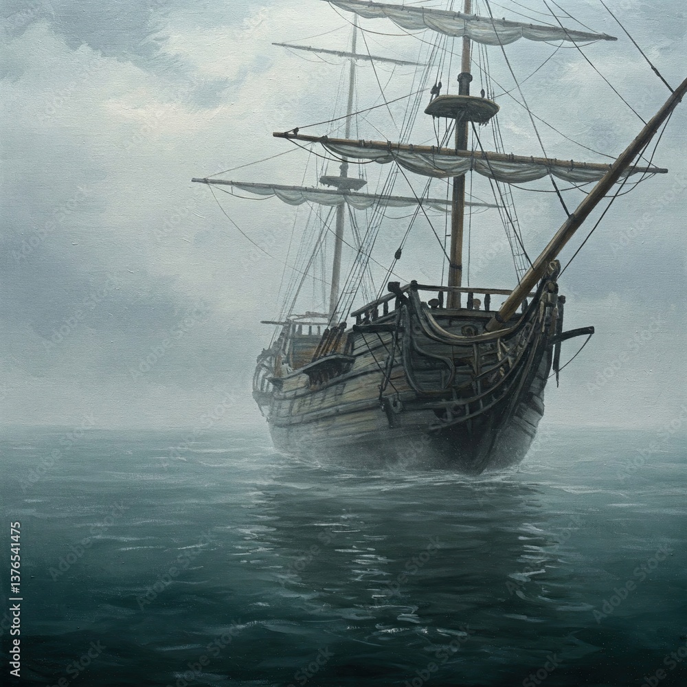 Obraz premium Lonely Wooden Ship In Hazy Distance