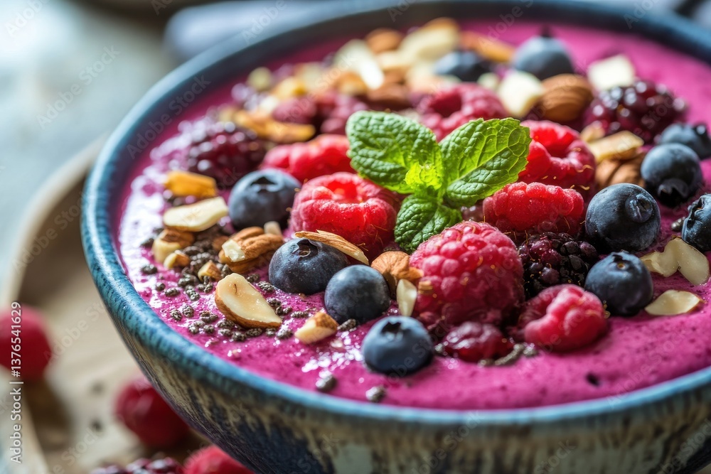 Close-up of a Vibrant Smoothie Bowl with Berries and Nuts for a Healthy Lifestyle Close-up of a Vibrant Smoothie Bowl with Berries and Nuts for a Healthy Lifestyle