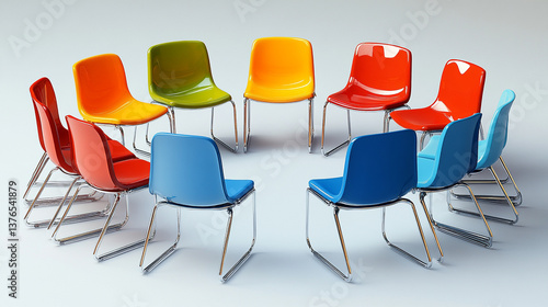 Colorful chairs arranged in a circle for a group discussion