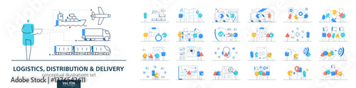 Logistic business. Flat vector set of people working. Goods supply chain, cargo export and import concepts. Modern infographic distribution industry design. Ship, transport, truck and freight icons.