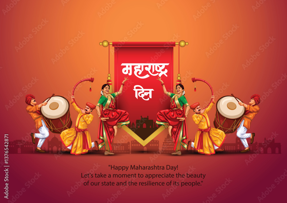 Fototapeta premium happy Maharashtra Day with Maharashtra dance and tutari. abstract vector illustration design(Hindi translation: Maharashtra Day)