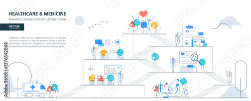 Medical technology, healthcare. Doctor and nurse teamwork in patient treatment. Hospital building, clinic research icons. Growth step infographic vector concept. Health care flat line illustration