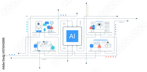 AI chip connection. Digital technology, robots, automation processes, machine line icons, and people characters. Business infographic development. Vector teamwork concept illustration. Tech growth.