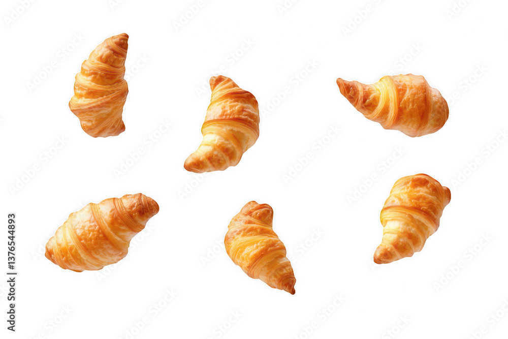 Croissants fresh and delicious falling in the air isolated on transparent background Croissants fresh and delicious falling in the air isolated on transparent background