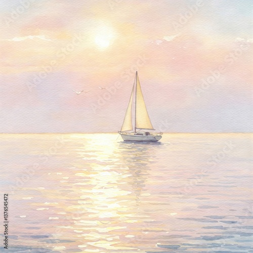 Delicate Seascape With Sailboat And Sunset