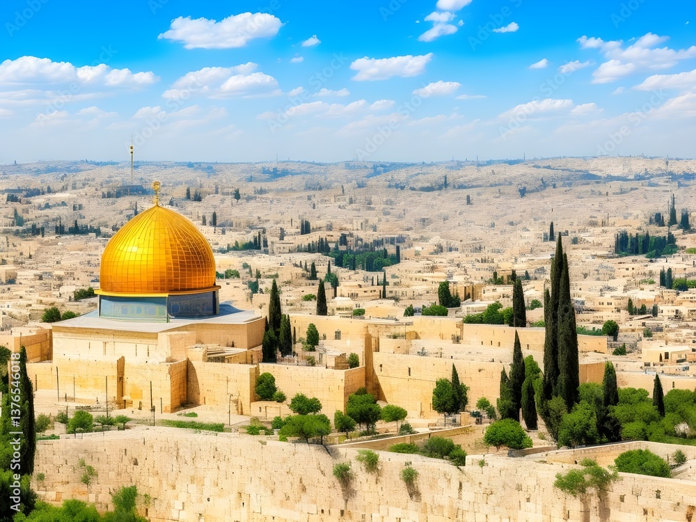 Obraz premium The golden Dome of the Rock shines under a brilliant blue sky, a breathtaking panoramic view of Jerusalem's ancient city sprawling below.