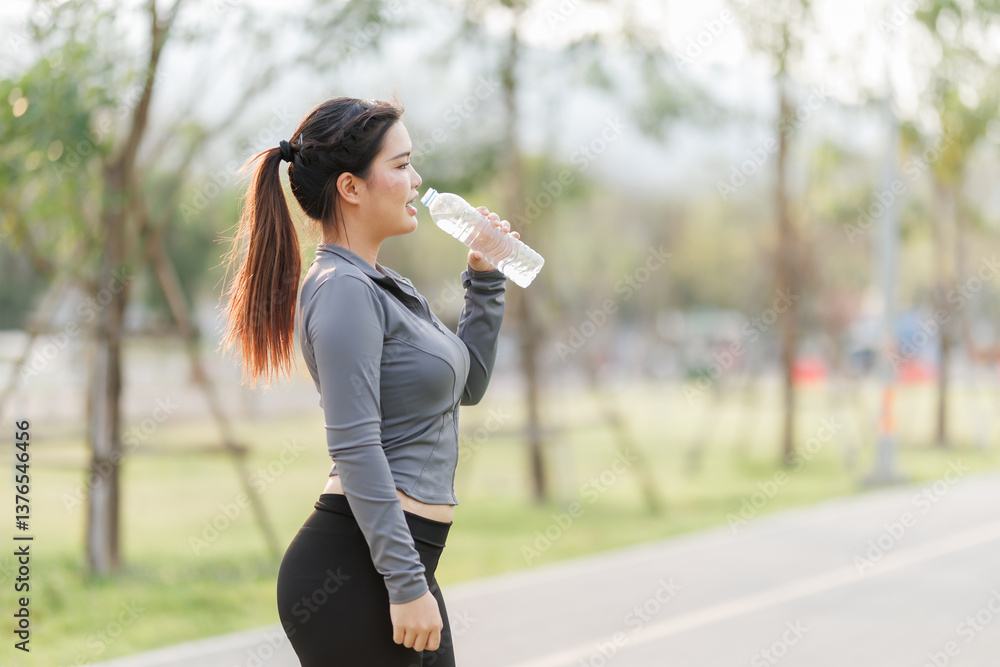 A young woman is taking a break to drink water, recharging her energy and refreshing her body during her workout. A young woman is taking a break to drink water, recharging her energy and refreshing her body during her workout.