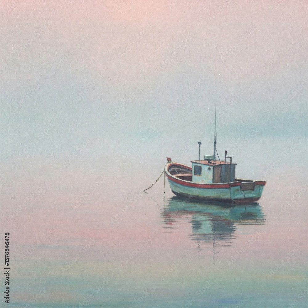 Naklejka premium Soft Horizon With Anchored Morning Boat