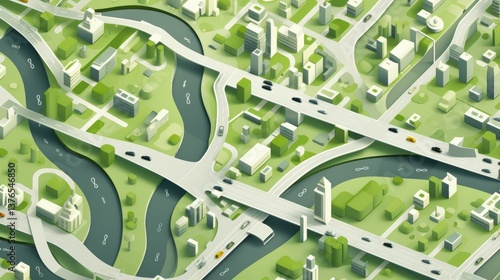 Stylized geometric city map featuring simple lines and areas in gray, green, and white tones