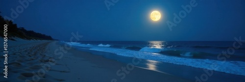 Softly glowing moonlight on the calm sandy beach at dusk with gentle blue ocean waves, moonlight, sea, wave