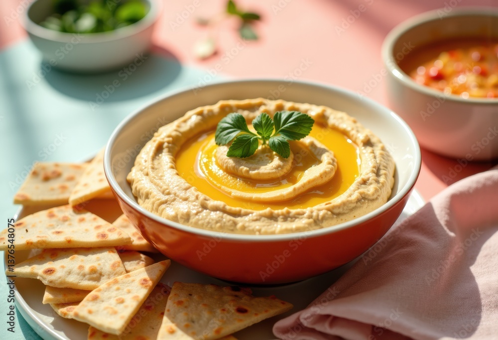 Creamy hummus served with crispy pita chips and fresh herbs Creamy hummus served with crispy pita chips and fresh herbs