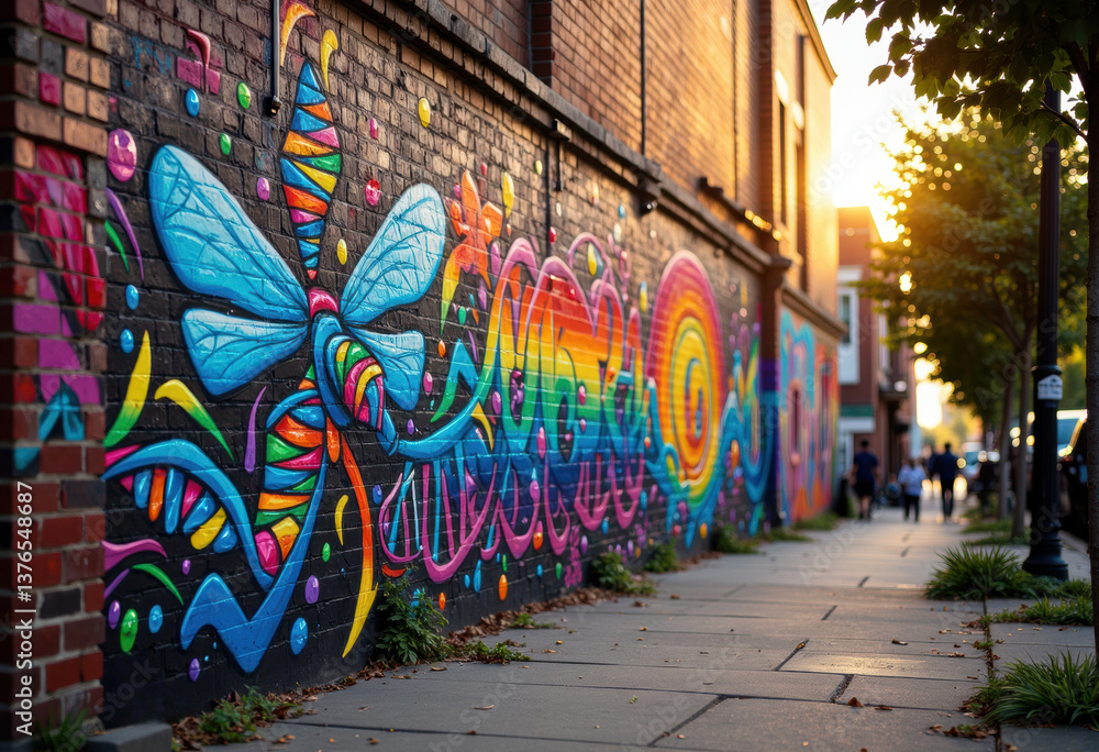 Fototapeta premium Vibrant street mural featuring a colorful dragonfly and abstract designs