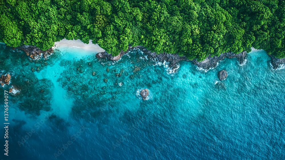 Fototapeta premium A high-altitude aerial view of a remote tropical archipelago with turquoise waters and small, lush islands