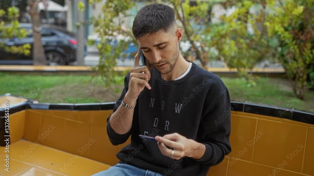 Young man sitting on urban bench using smartphone in outdoor park setting, displaying thoughtful expression amidst city backdrop, wearing casual attire with trees in background. Young man sitting on urban bench using smartphone in outdoor park setting, displaying thoughtful expression amidst city backdrop, wearing casual attire with trees in background.