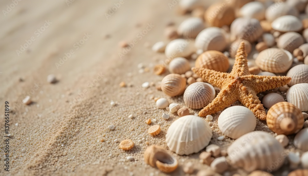 Starfish and seashells on sandy beach representing tropical summer vacation coastal travel and marine wildlife nature beauty Starfish and seashells on sandy beach representing tropical summer vacation coastal travel and marine wildlife nature beauty