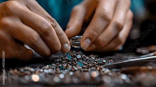 African American female hands working with small gemstones and jewelry pieces on dark surface, selective focus on detailed craftsmanship in jewelry making process.