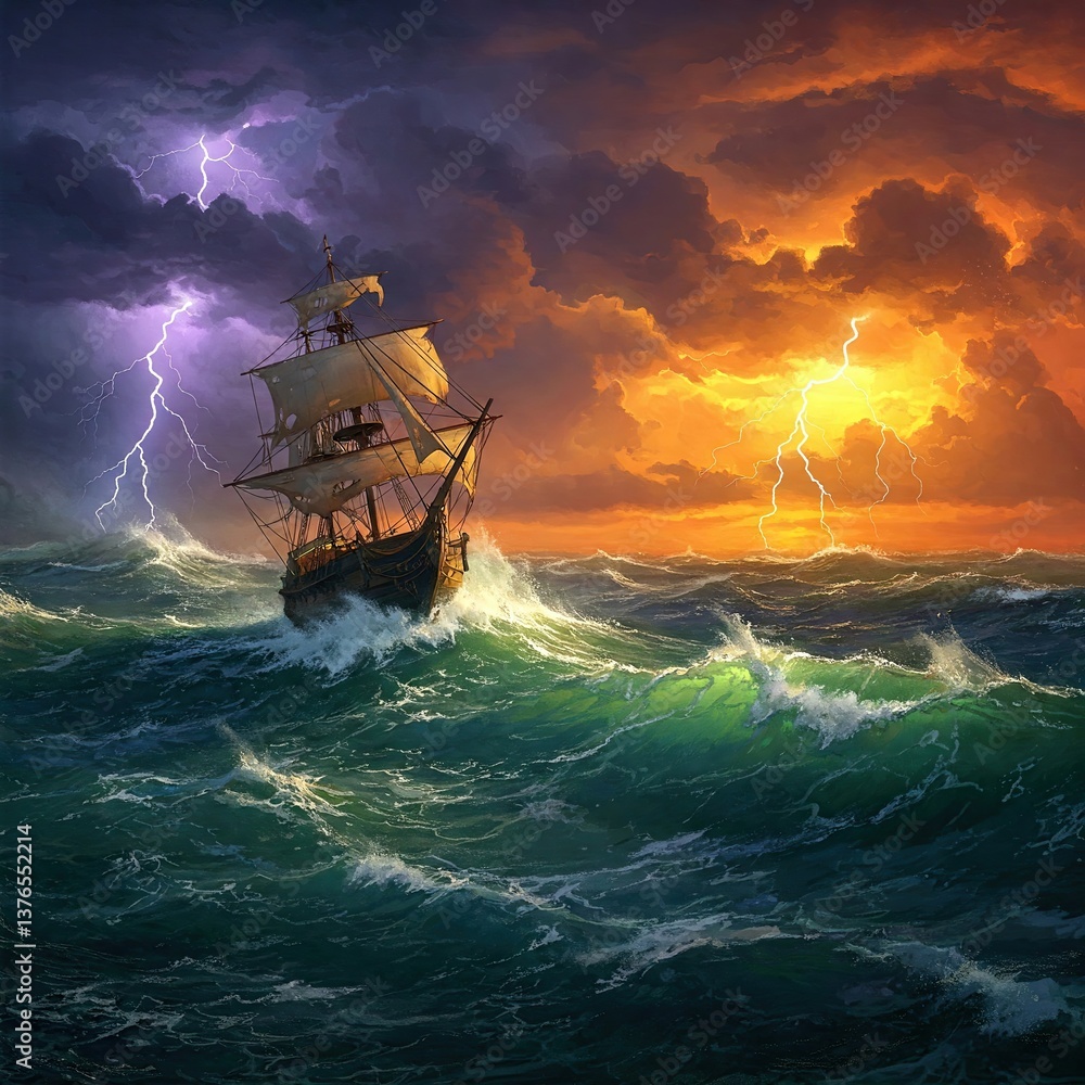 Obraz premium Stormbound Ship Illuminated By Lightning