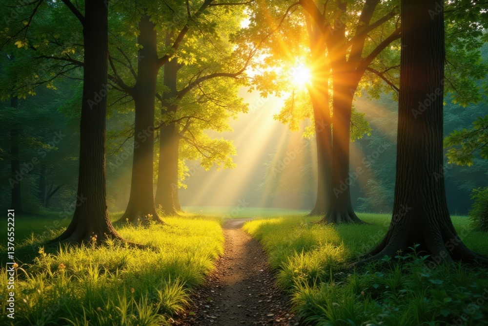 Obraz premium Panorama with sunlight filtering through trees, trees, scenery