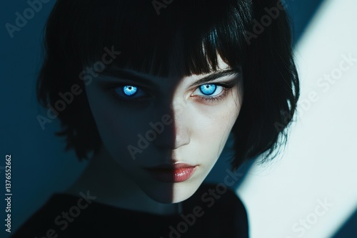 A Young Woman Gazes with Glowing Blue Eyes and Shadow