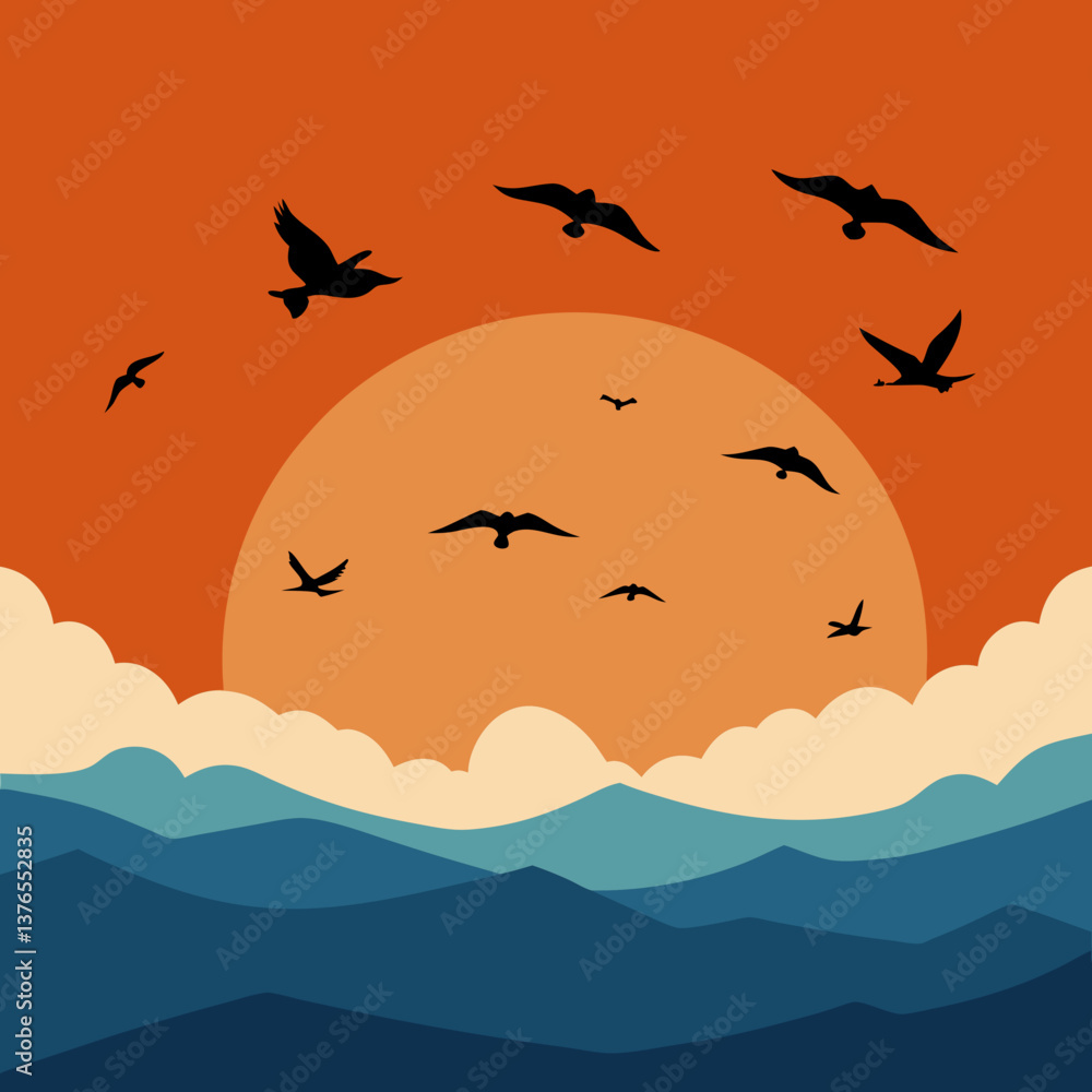 Fototapeta premium Silhouette illustration of a flock of birds flying in the sky