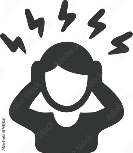 Stress Silhouette Icon with Hands Over Ears and Lightning Bolt Symbols on White