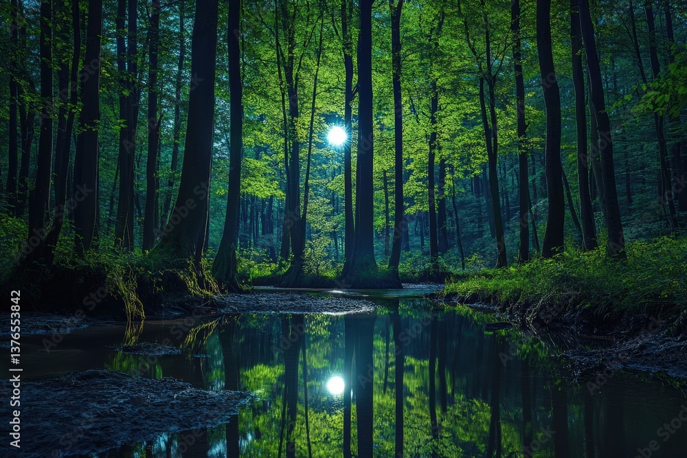 A tranquil forest landscape featuring reflections on the still water A tranquil forest landscape featuring reflections on the still water