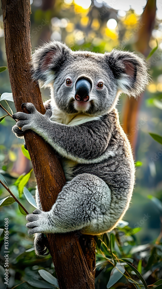 Fototapeta premium Adorable Koala Bear Perched on Tree Branch, Looking at Camera in Natural Habitat with Lush Greenery, Perfect for Wildlife and Nature Lovers