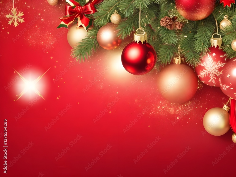 A vibrant Christmas scene bursts with festive cheer, showcasing shimmering red and gold ornaments adorning a lush evergreen bough against a rich red backdrop. A vibrant Christmas scene bursts with festive cheer, showcasing shimmering red and gold ornaments adorning a lush evergreen bough against a rich red backdrop.