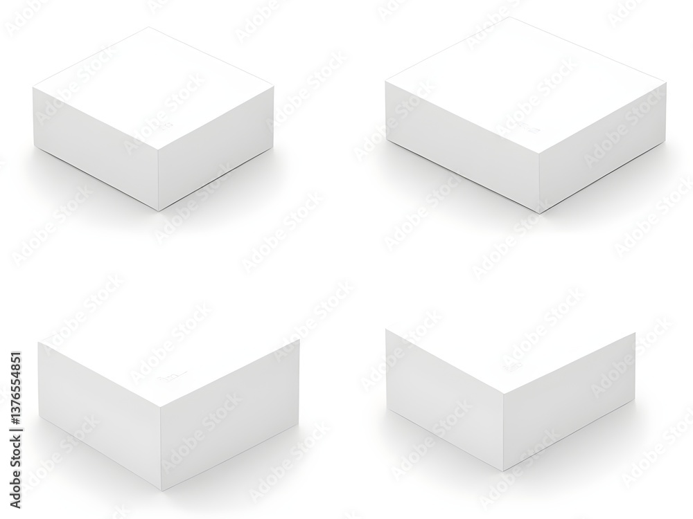 Four pristine white boxes, minimalist and clean, subtly showcasing simple elegance and potential for branding, sitting on a bright, seamless background. Four pristine white boxes, minimalist and clean, subtly showcasing simple elegance and potential for branding, sitting on a bright, seamless background.