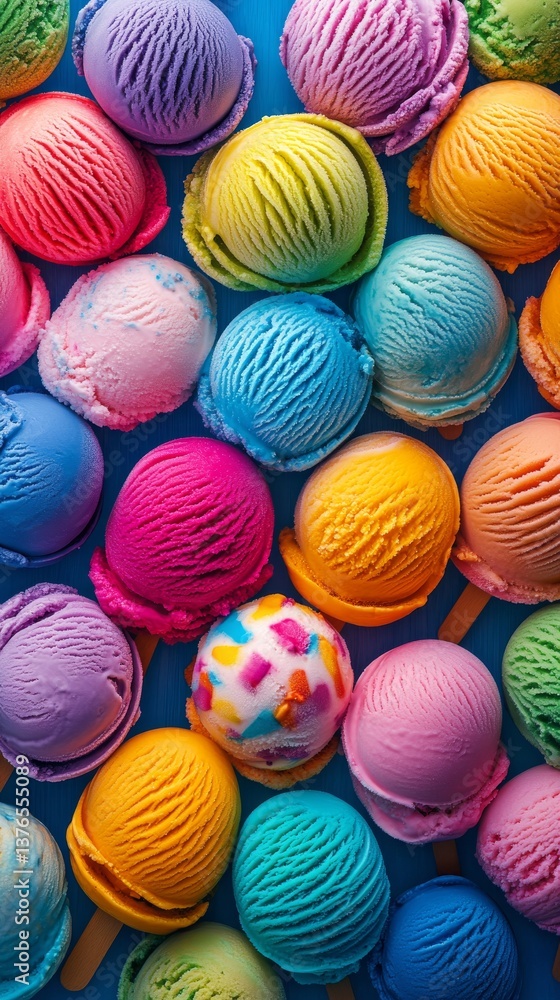Vivid Display of Colorful Ice Cream Scoops Arranged in a Vibrant Pattern on a Blue Background Vivid Display of Colorful Ice Cream Scoops Arranged in a Vibrant Pattern on a Blue Background