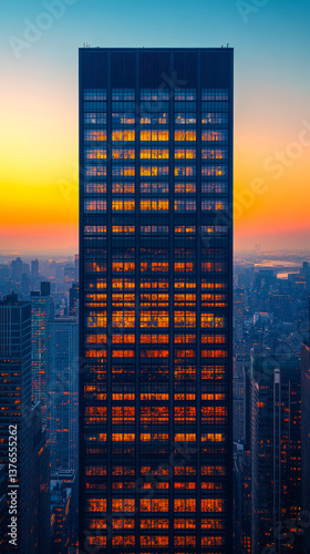 Dynamic Urban Sunset: Panoramic View of Illuminated High-Rise Building in Bustling Cityscape