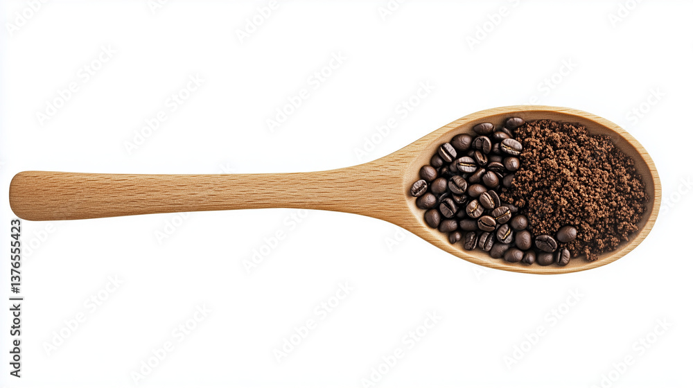Coffee beans and ground coffee in a wooden spoon, Coffee beans and ground coffee in a wooden spoon,