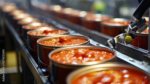 Automation in Motion: A vibrant display of industrial efficiency, with a production line meticulously filling cans with a rich, tomato-based sauce, showcasing the modern food industry. 
