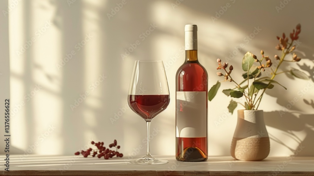 Fototapeta premium Table with bottle of wine and glass, home interior background