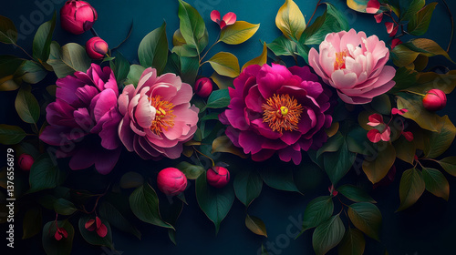 Vibrant Blooming Peonies with Leaves on Dark Background, Perfect for Floral Decor and Botanical Themes