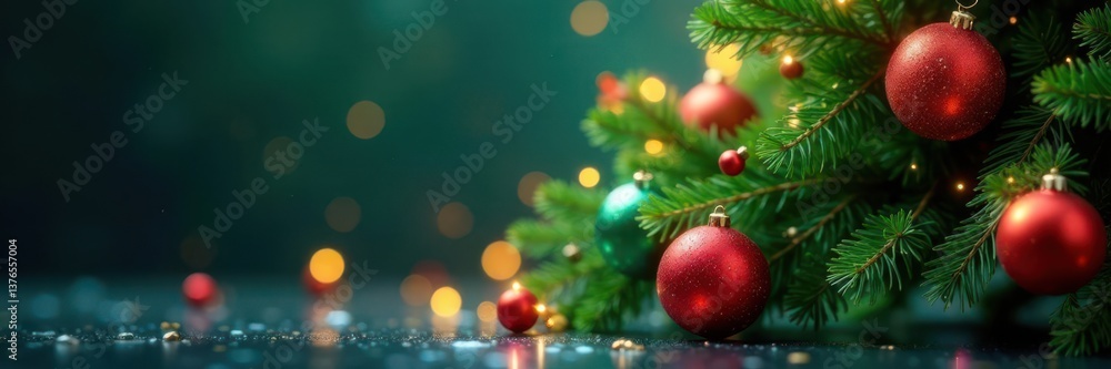 Fototapeta premium Shimmering evergreen tree adorned with colorful balls and soft glow, ornaments, winter decor