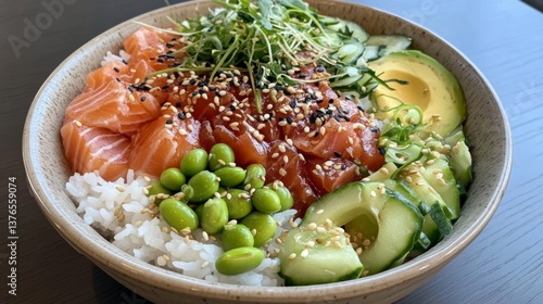 Fresh salmon sashimi bowl with rice, avocado, cucumber, edamame, and sesame seeds, a delicious and nutritious meal for seafood lovers, healthy eating concept
