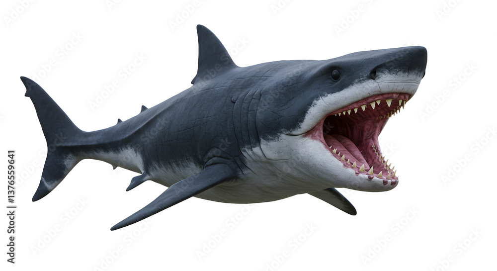 Fototapeta premium Great White Shark Swimming with Open Mouth Aggressive Predator Ocean