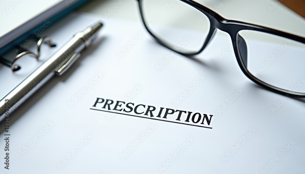 Prescription document with glasses and pen on a desk Prescription document with glasses and pen on a desk