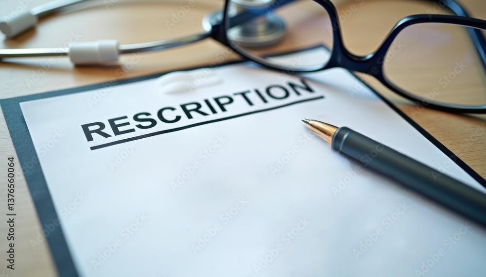 Prescription pad with pen and glasses on a wooden table Prescription pad with pen and glasses on a wooden table