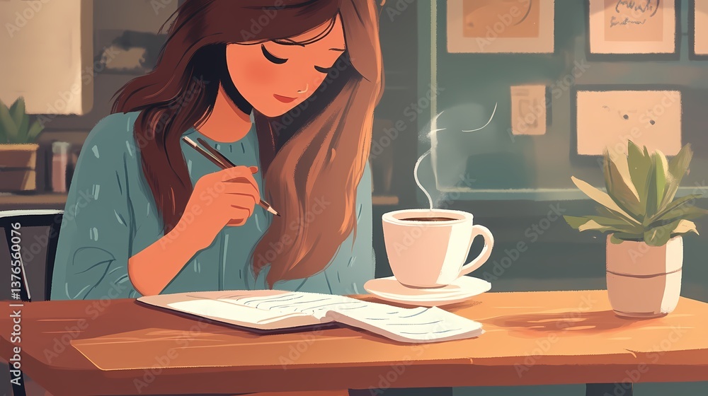 Woman writing in a notebook while enjoying a cup of coffee at a cafe. Woman writing in a notebook while enjoying a cup of coffee at a cafe.
