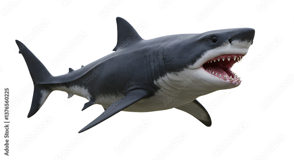 Fototapeta premium Swimming Shark Showing Teeth Isolated on White Background Wildlife Concept