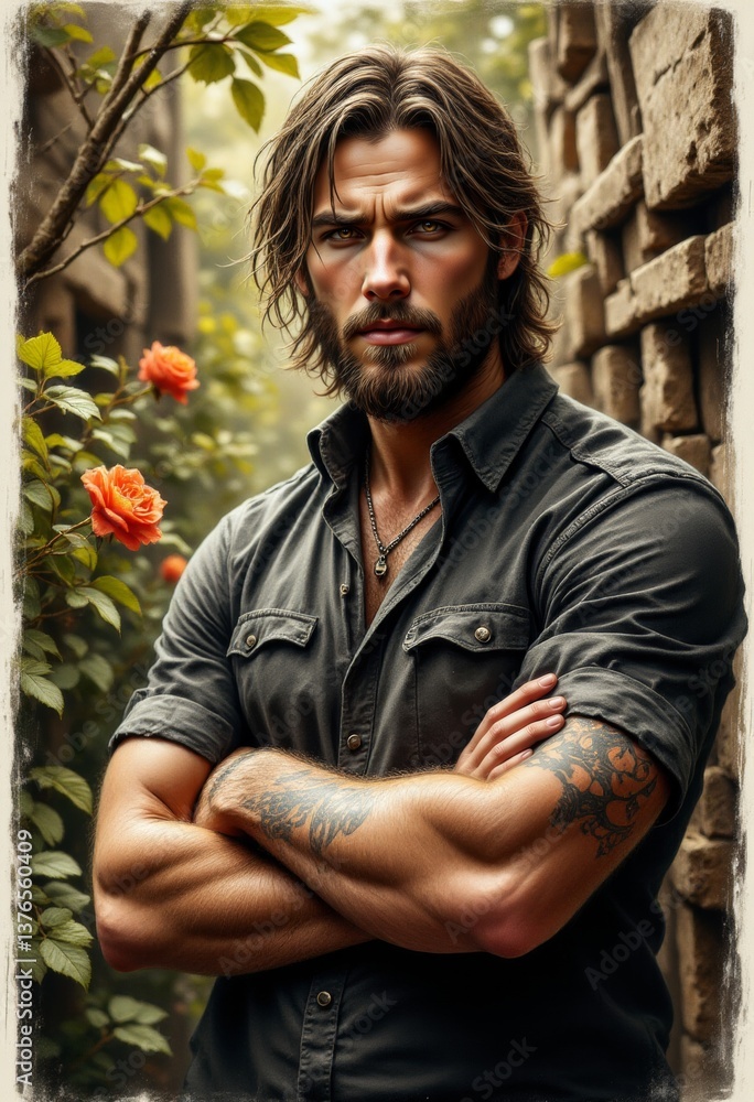 Fototapeta premium A man with long hair and a beard standing in front of a stone wall