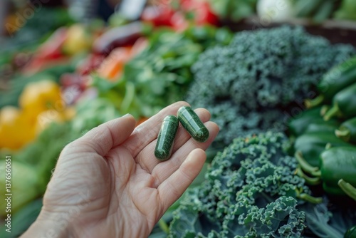 Hand Holding Green Capsules with Fresh Vegetables in Background