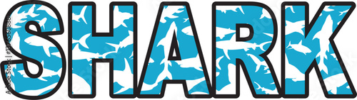 Shark text design with blue background and white sharks